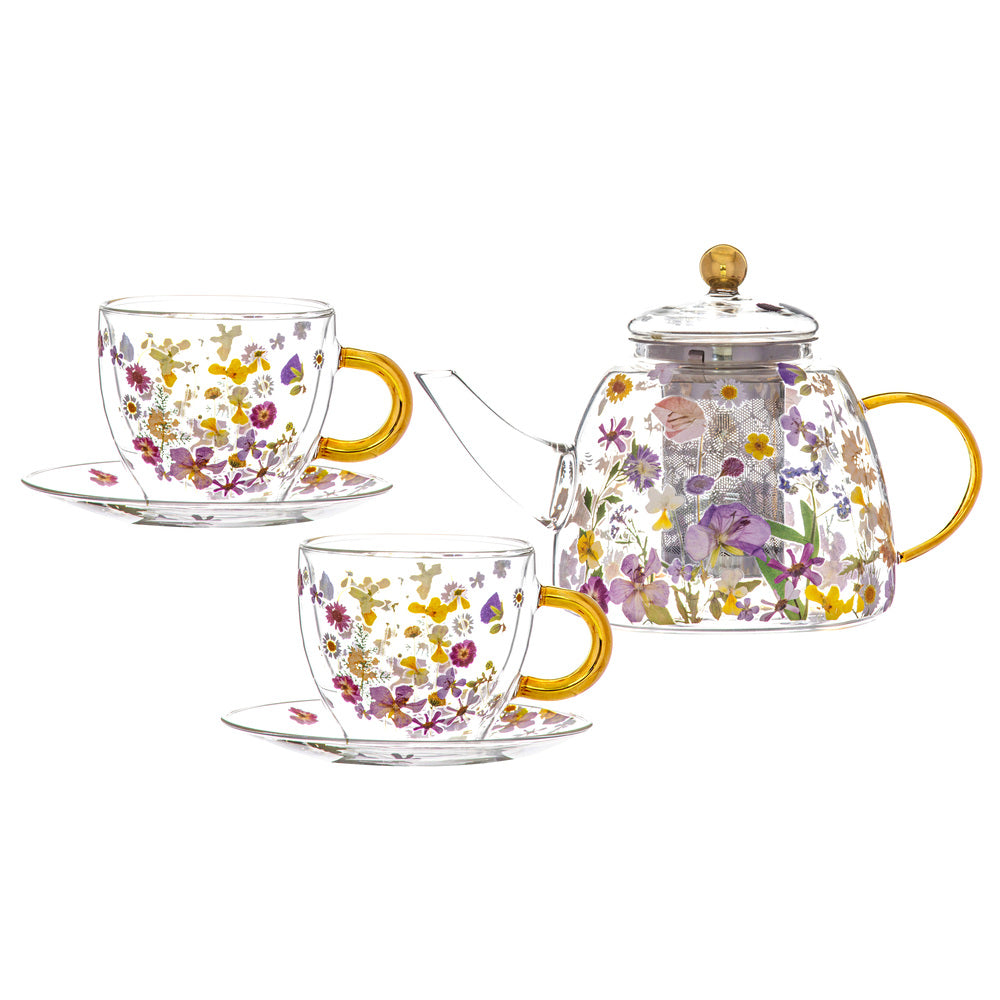 Ashdene Pressed Flowers Glass Teapot & 2 Teacup Set