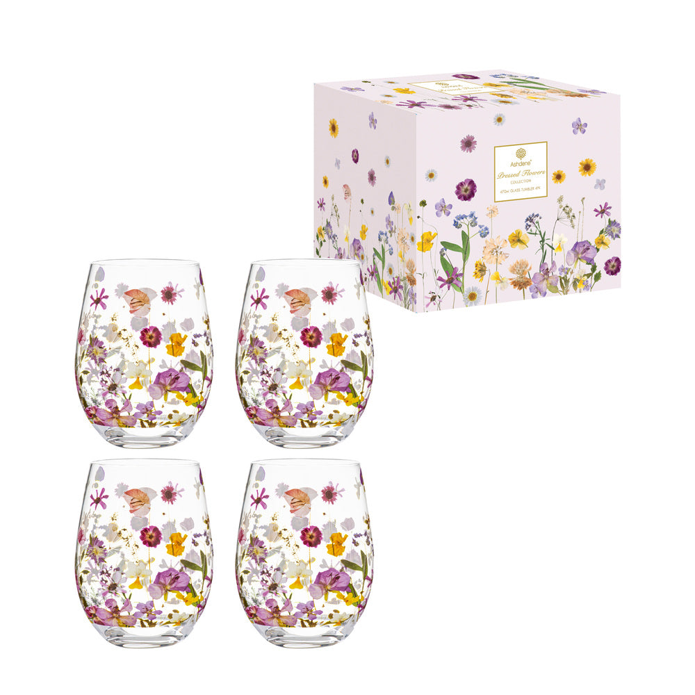 Ashdene Pressed Flowers Set Of 4 Glass Tumblers