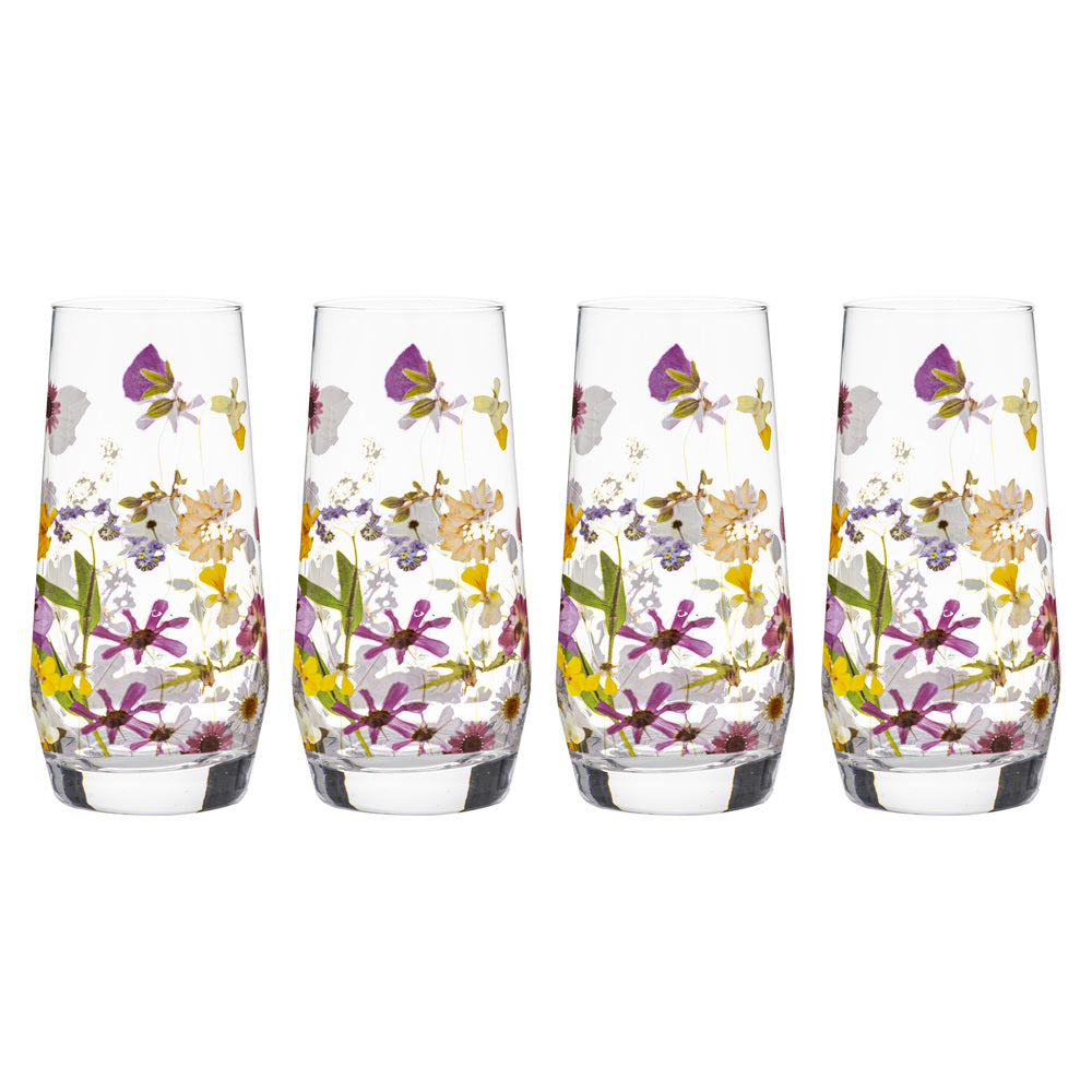 Ashdene Pressed Flowers Set Of 4 Glass Highball Tumblers