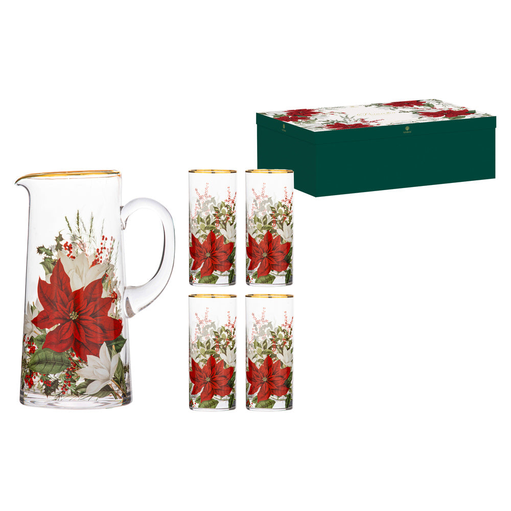 Ashdene Poinsettia Glass Jug & 4 Tumblers Set