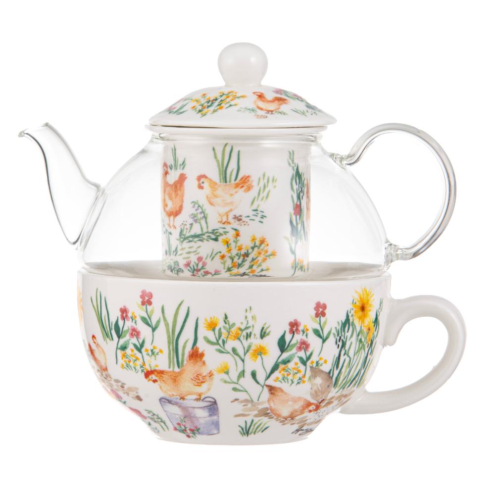 Ashdene Garden Hens Glass Top Tea For One