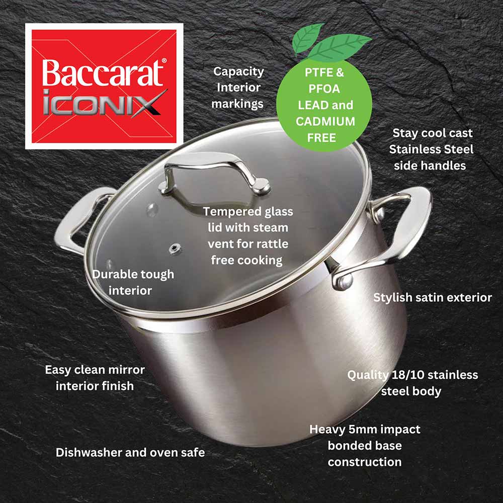 Baccarat iconiX Stockpot features and benefits infographic at Robins Kitchen