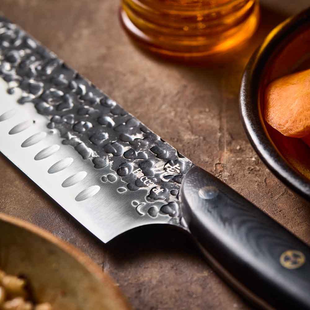 Baccarat KUROI KIBA Santoku Knife 18cm detail image of blade at Robins Kitchen