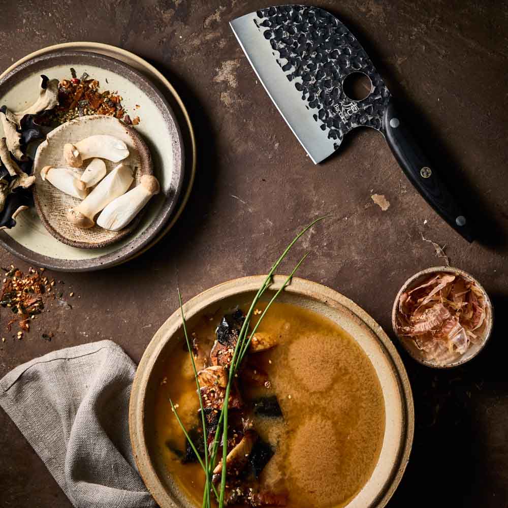 Baccarat KUROI KIBA Moon Knife 12.5cm next to miso soup at Robins Kitchen