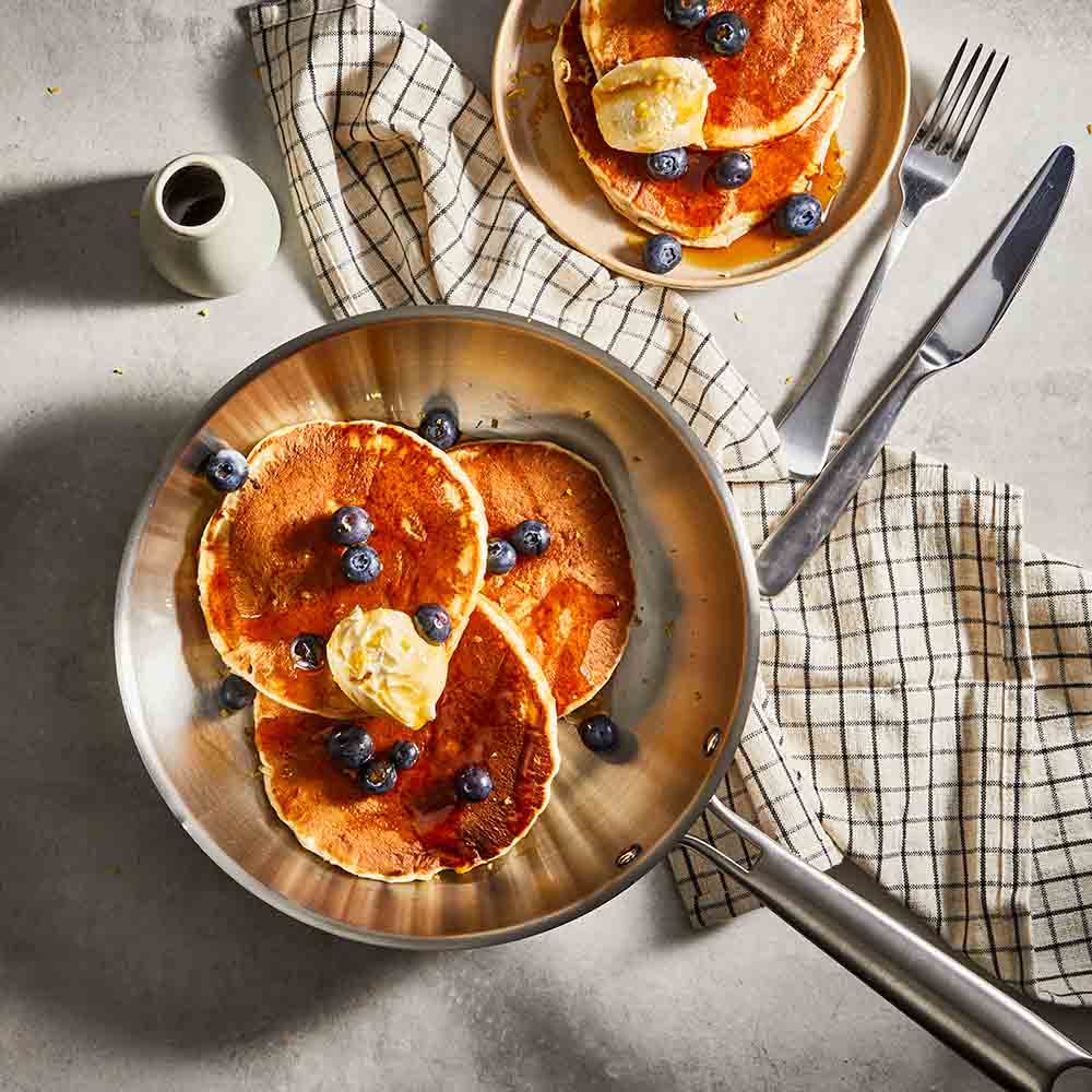 Baccarat Gourmet Stainless Steel Frypan 24cm with pancakes and blueberries at Robins Kitchen 