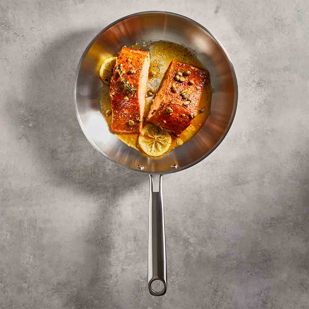 Baccarat Gourmet Stainless Steel Frypan 26cm with lemon and caper salmon fillets at Robins Kitchen
