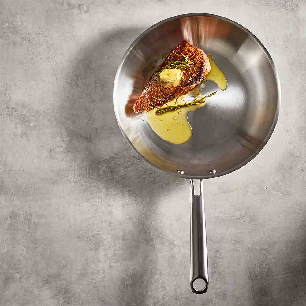 Baccarat Gourmet Stainless Steel Frypan 28cm with crispy skin fish fillet at Robins Kitchen