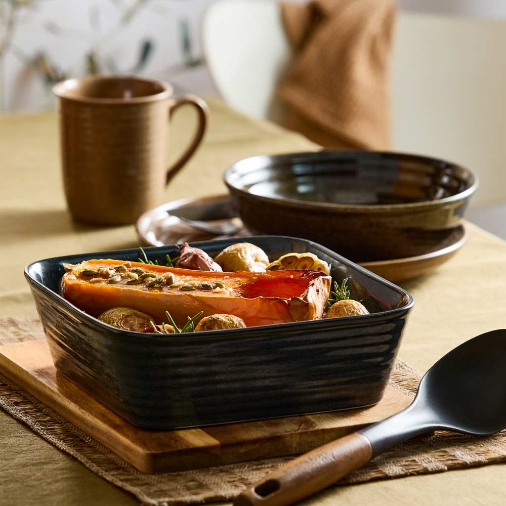 rustic navy square baking dish with serving spoon - Robins Kitchen