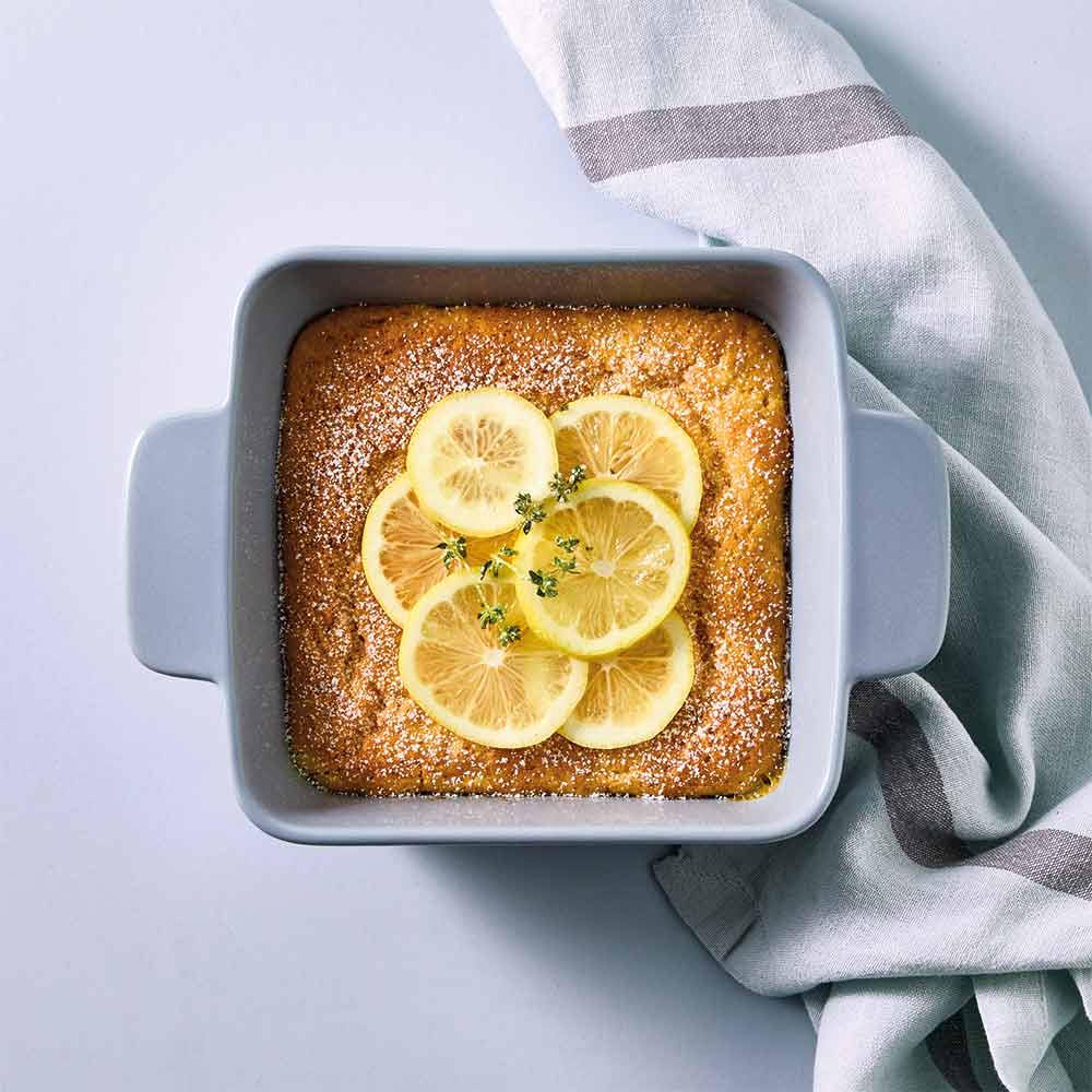 OvenBake Square Baker 1.5L Powder Blue with lemon sauce pudding at Robins Kitchen