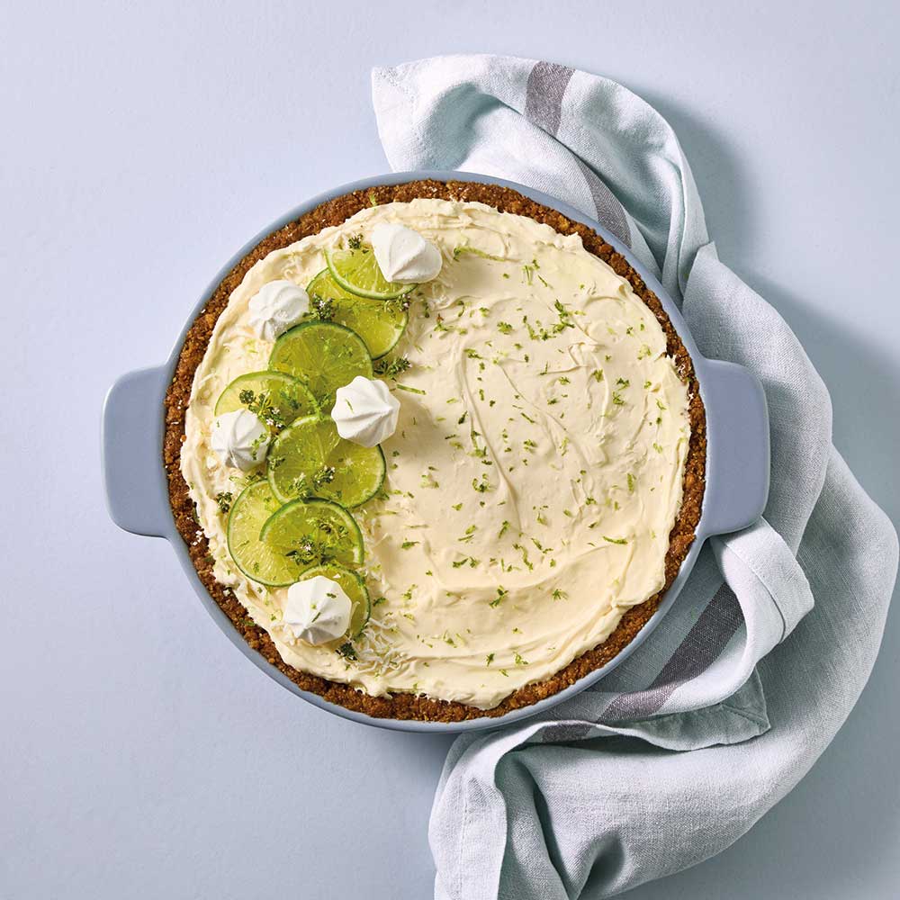 OvenBake Round Baker 2L Powder Blue dessert topped with lime at Robins Kitchen