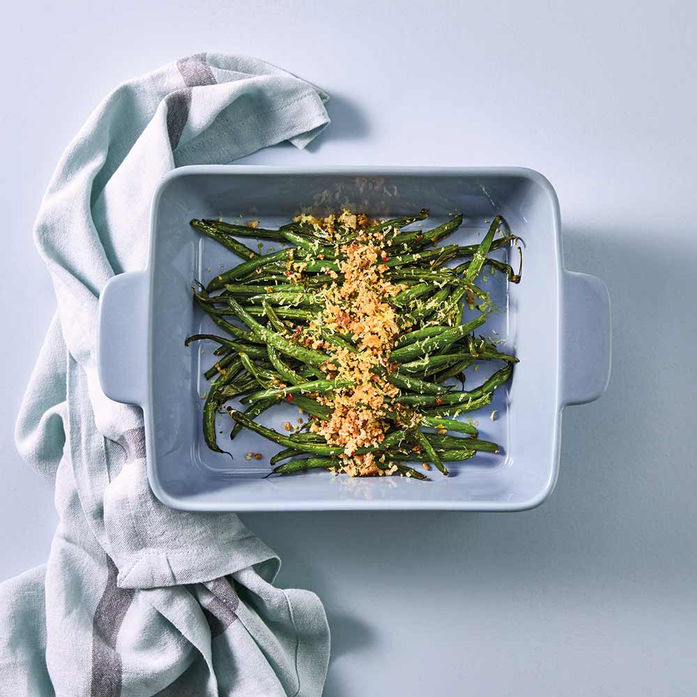 OvenBake Rectangular Baker 2.6L Powder Blue with roasted string beans at Robins Kitchen