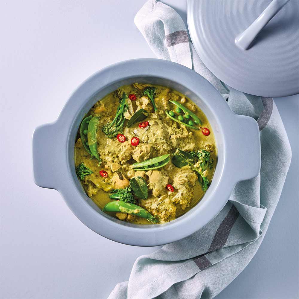OvenBake Casserole Dish with Lid 3L Powder Blue with thai chicken green curry at Robins Kitchen
