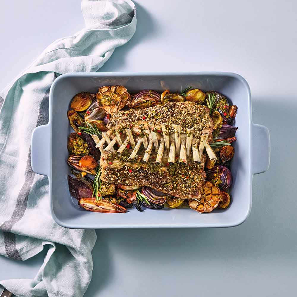 OvenBake Lasagne Baker 4L Powder Blue with lamb and vegetables at Robins Kitchen