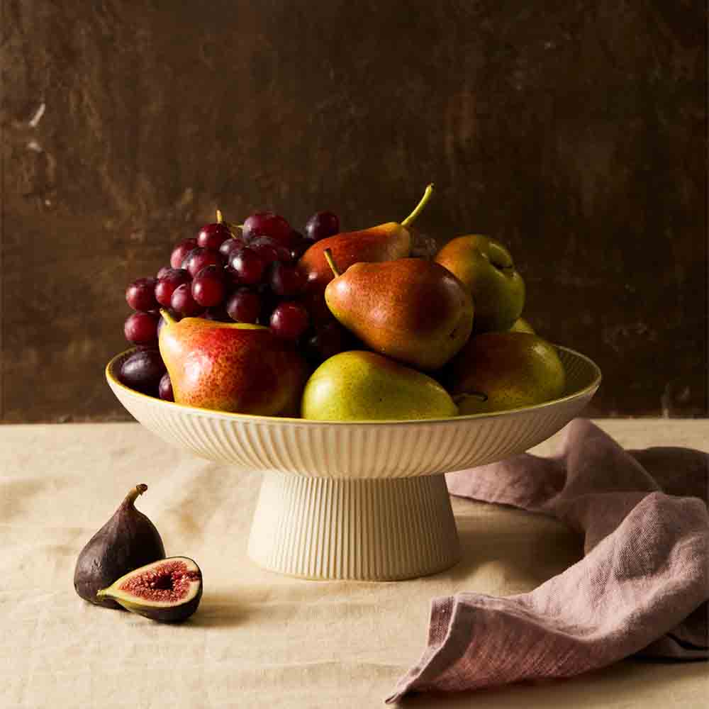 Stoneware ribbed Footed Serving Bowl filled with fruit - Robins Kitchen