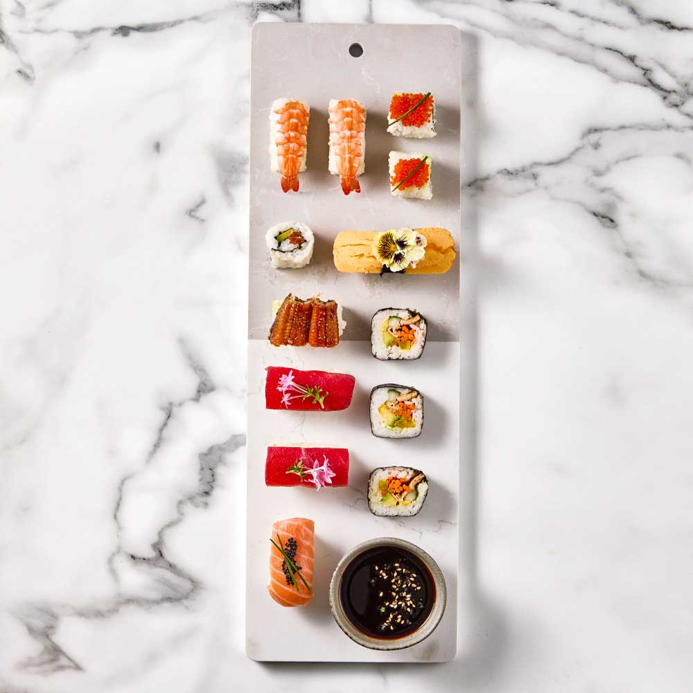 sushi platter on long marble serving board - Robins Kitchen
