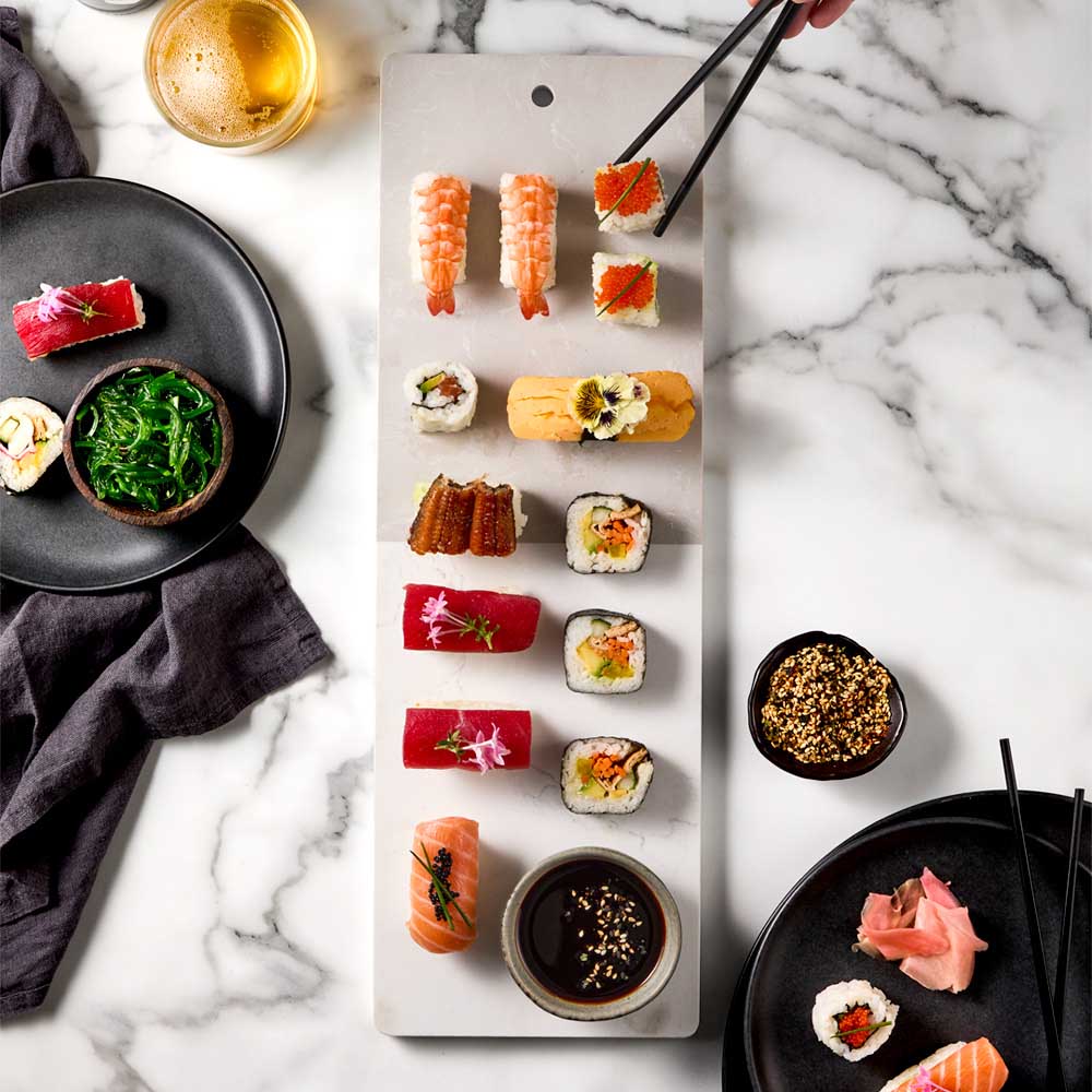 sushi platter on long marble serving board - Robins Kitchen