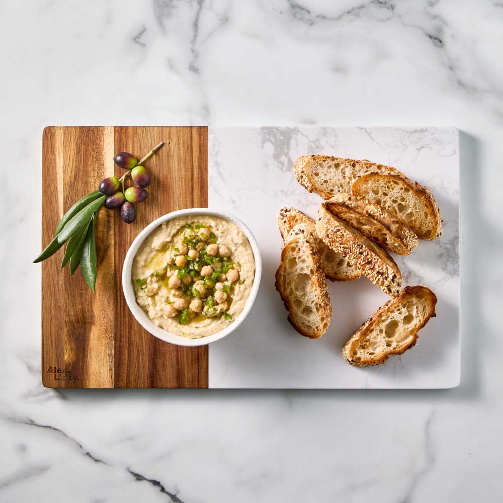40cm Acacia and Marble Serving Board  with bread and dip - Robins Kitchen