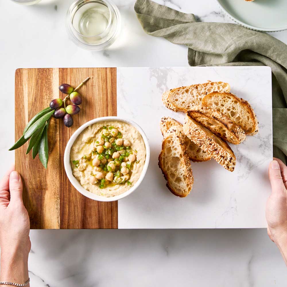 40cm Acacia and Marble Serving Board  with bread and dip - Robins Kitchen