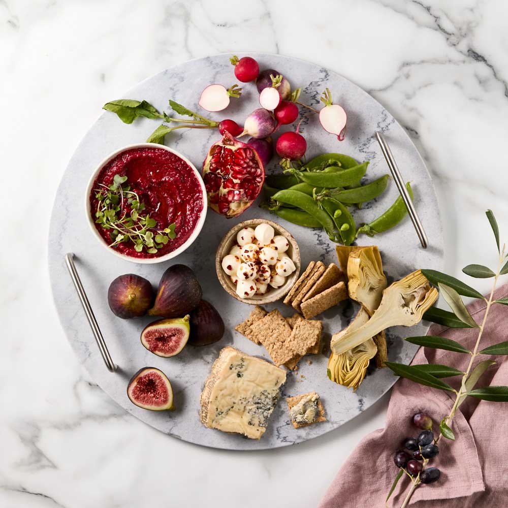 Round Marble Serving Board with Handles with charcuterie - Robins Kitchen