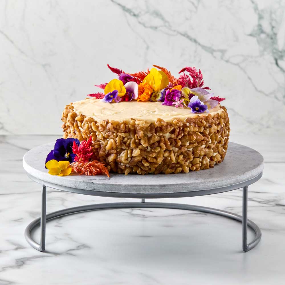 decorated carrot cake on a Marble Serving Board with Stand - Robins Kitchen
