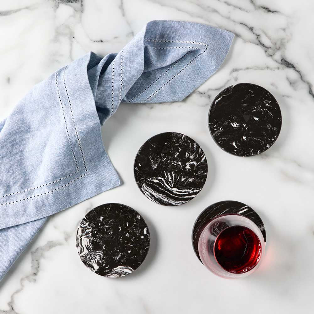 Set of 4 Black Marble Coasters with glass of red wine - Robins Kitchen