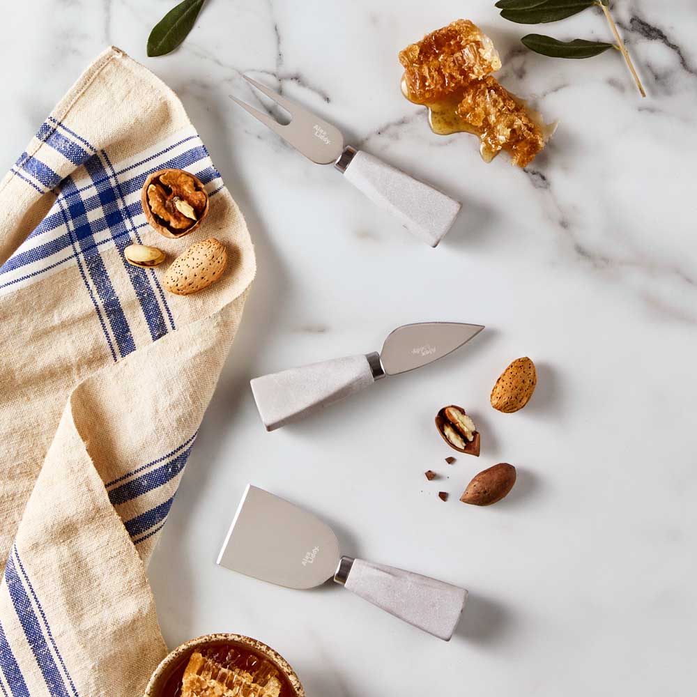 Set of 3 Marble and silver Cheese Knives on marble - Robins Kitchen