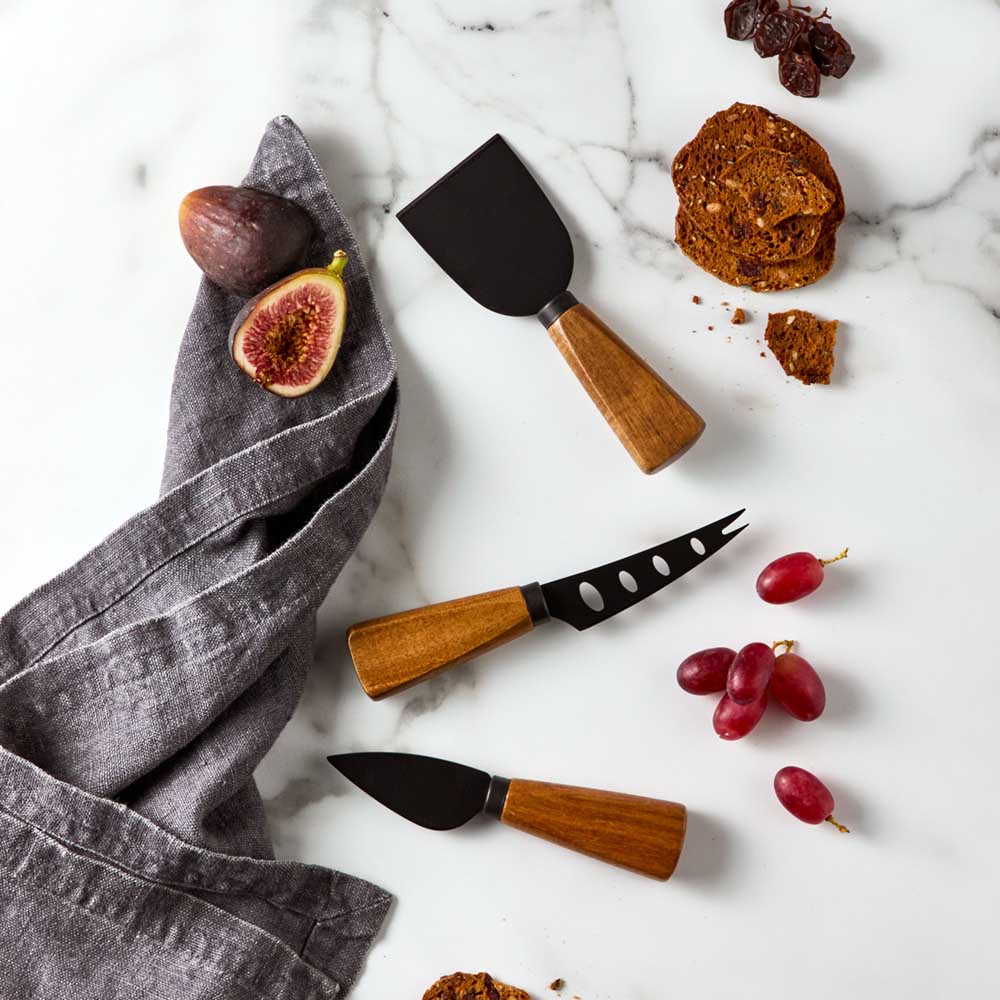 Set of 3 Acacia and Black Cheese Knives - Robins Kitchen