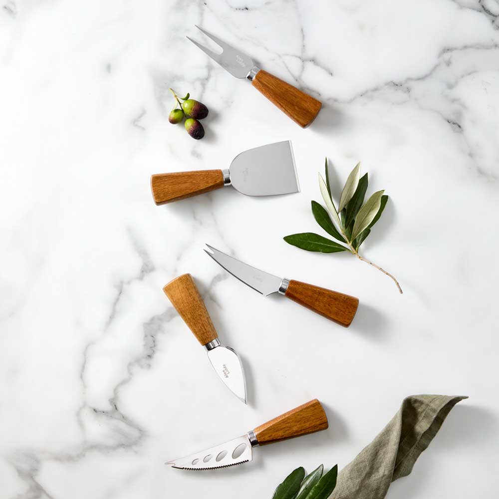 Set of 5 Acacia Wood Cheese Knives on marble - Robins Kitchen