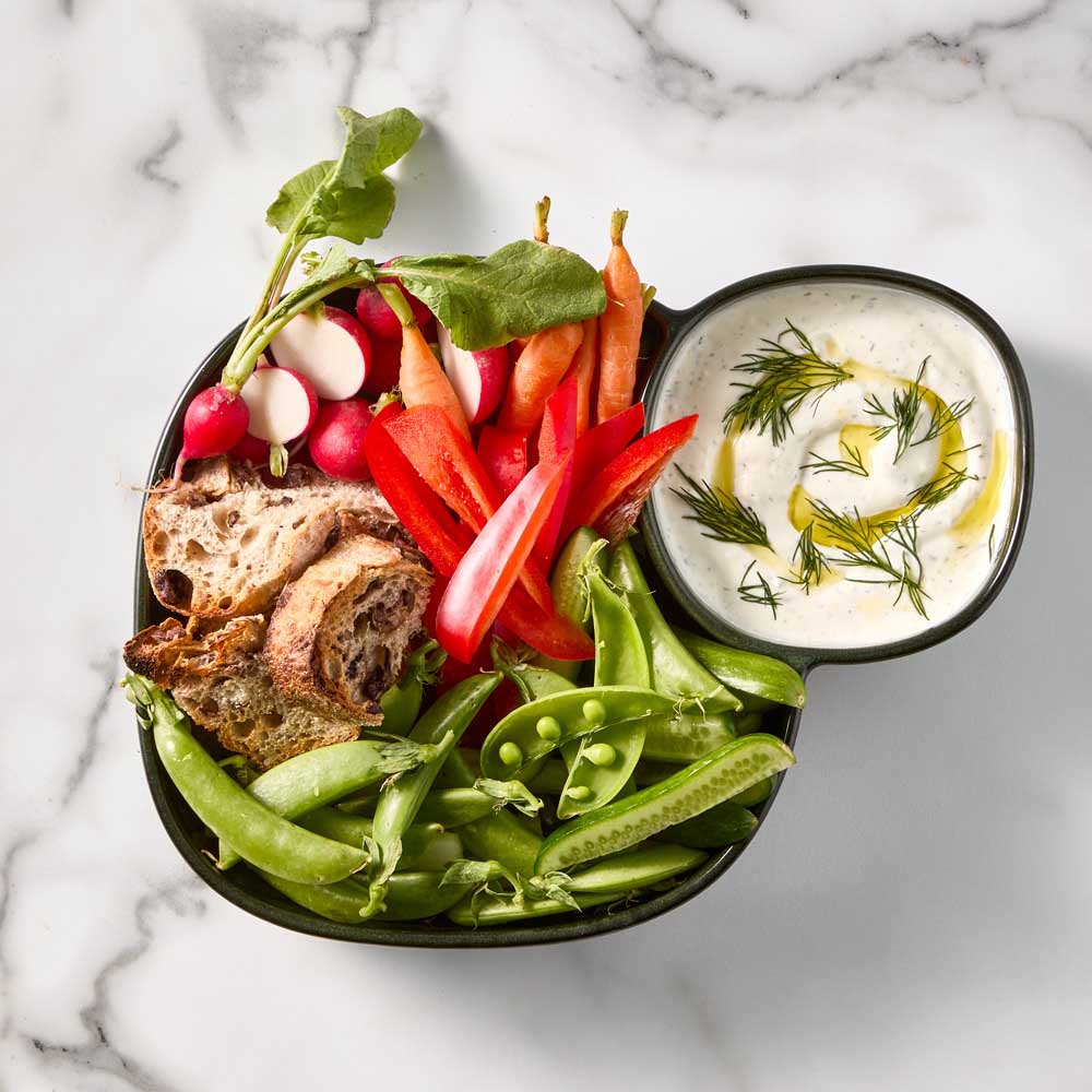 Green Divided Serving Platter with vegetables and dip - Robins Kitchen