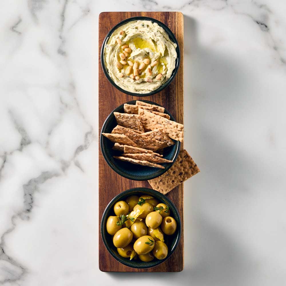 Serving Board with 3 Green Bowls with dip, olives, and crackers - Robins Kitchen