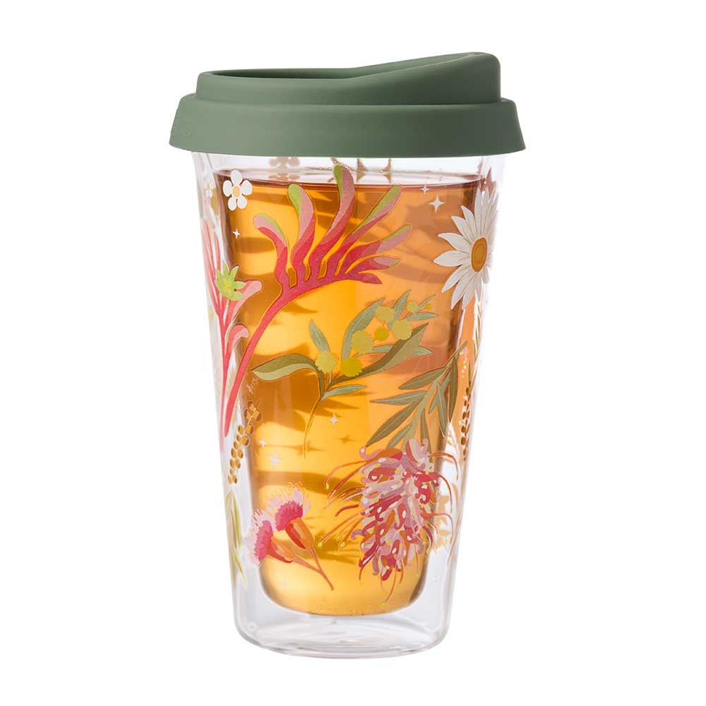 Double Walled Glass Travel Mug filled with tea - Robins Kitchen