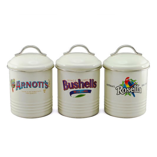 Rojo Arnotts, Bushells & Rosella Canisters Set Of 3 Powder Coated With Sealed Rim Cream