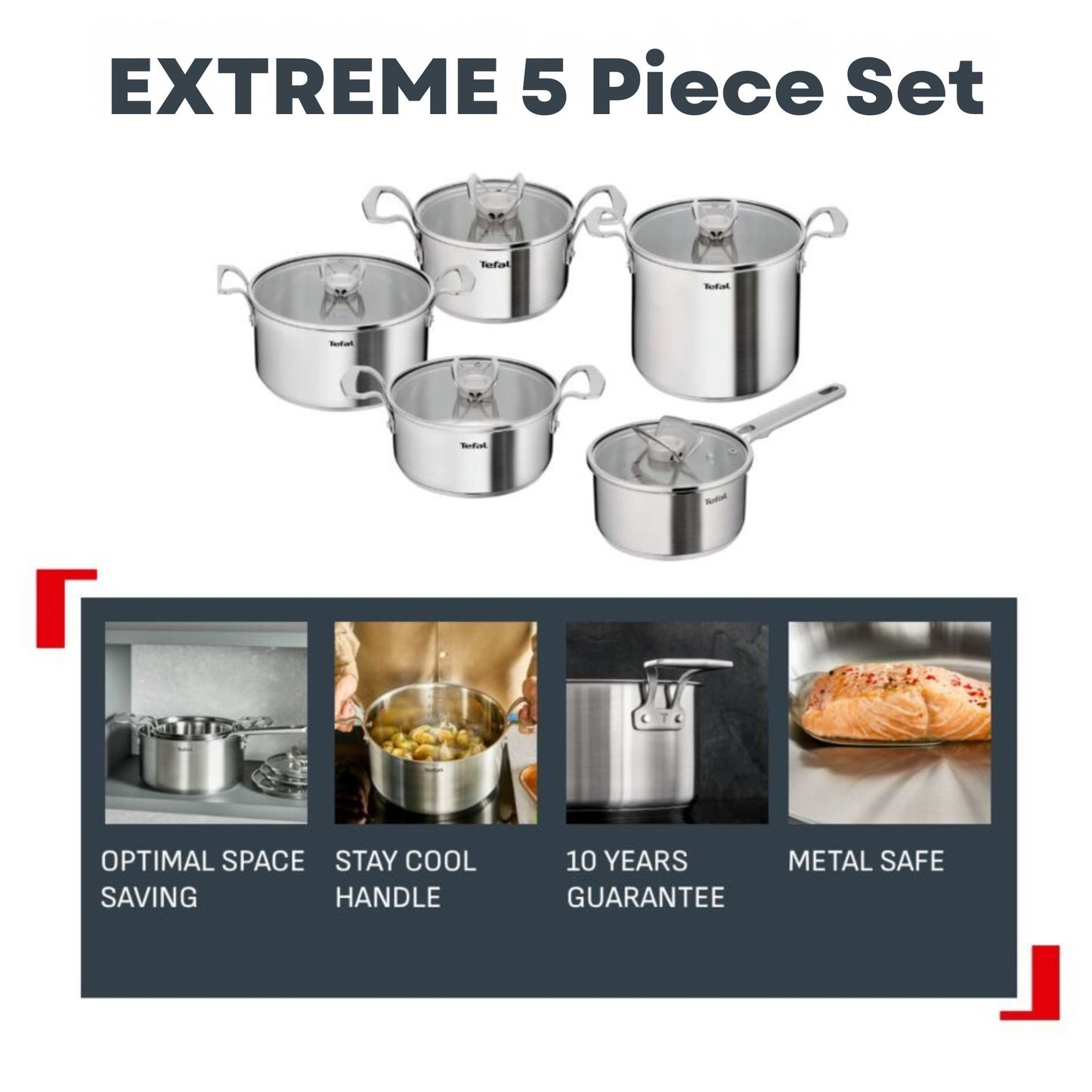 Tefal Space+ Extreme Induction 5 Piece Stainless Steel Pot Set