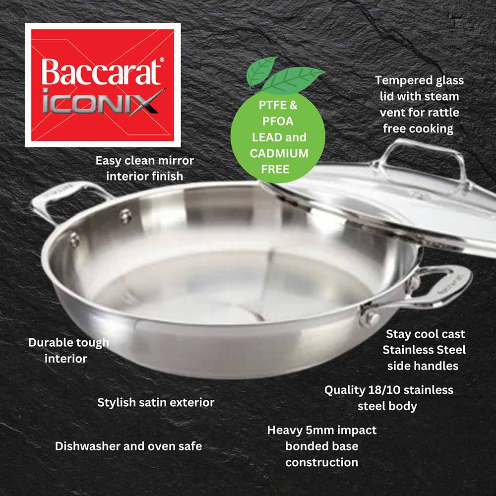 Baccarat iconiX Stainless Steel Chef Pan with Lid features and benefits infographic at Robins Kitchen