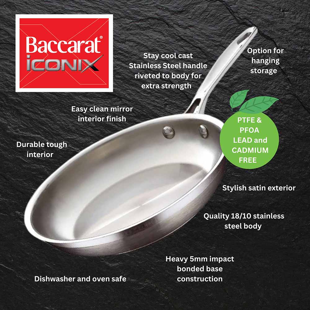 Baccarat iconiX stainless steel frypan features and benefits infographic at Robins Kitchen