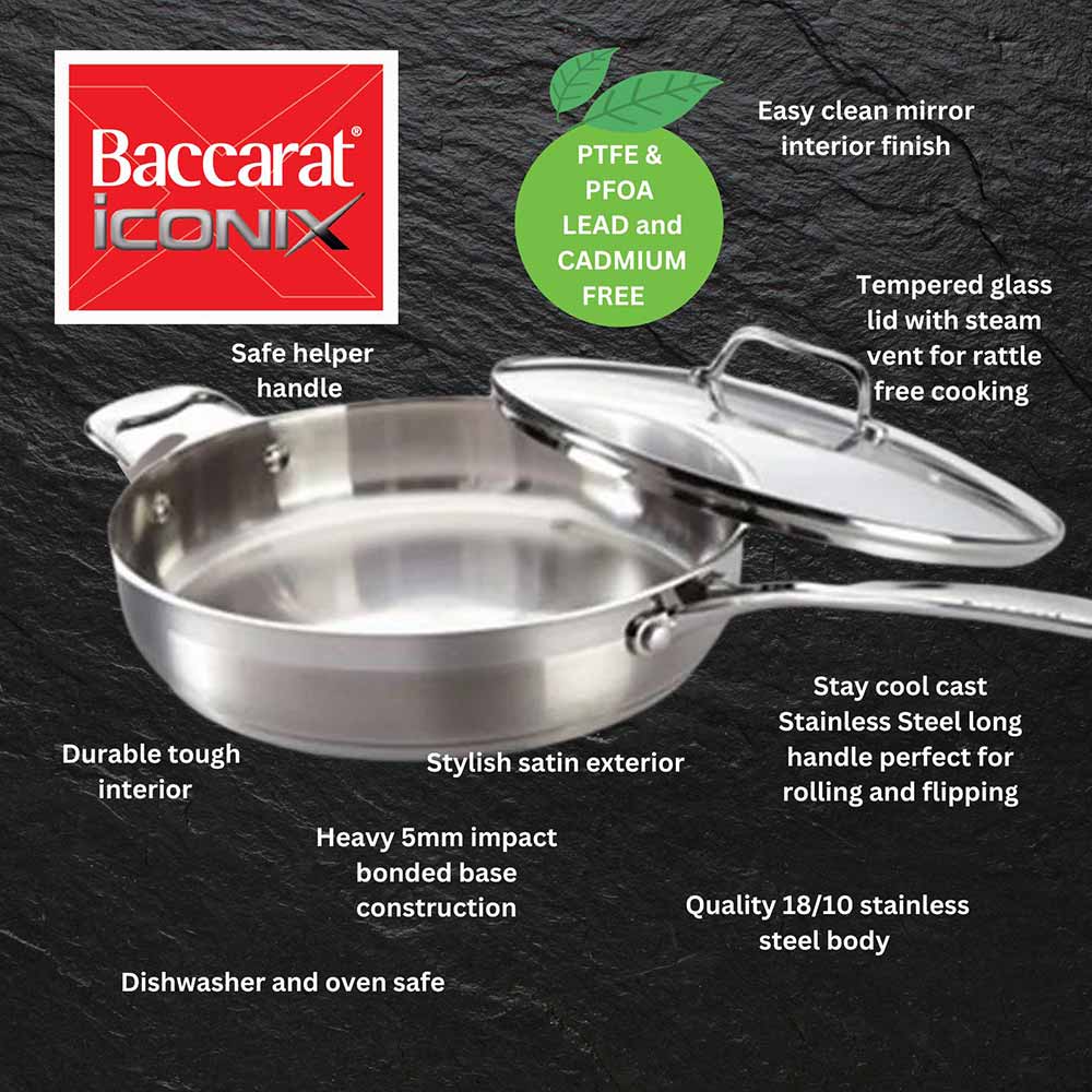 Baccarat iconiX Saute Pan with Lid features and benefits infographic at Robins Kitchen