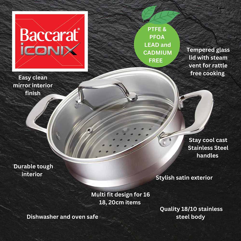 Baccarat iconiX Stainless Steel Universal Steamer Insert with Lid features and benfits infographic at Robins Kitchen