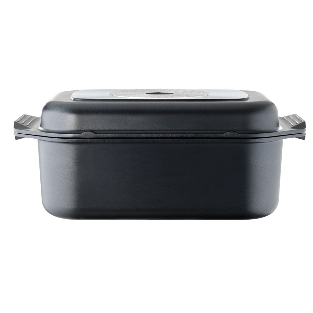 Bessemer Non Stick Roaster & Grill 34cm Black at Robins Kitchen on a wooden board with roast pork and vegetables