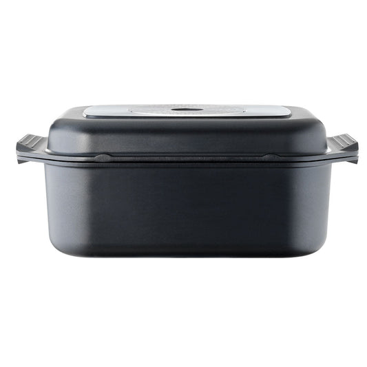 Bessemer Non Stick Roaster & Grill 34cm Black at Robins Kitchen on a wooden board with roast pork and vegetables
