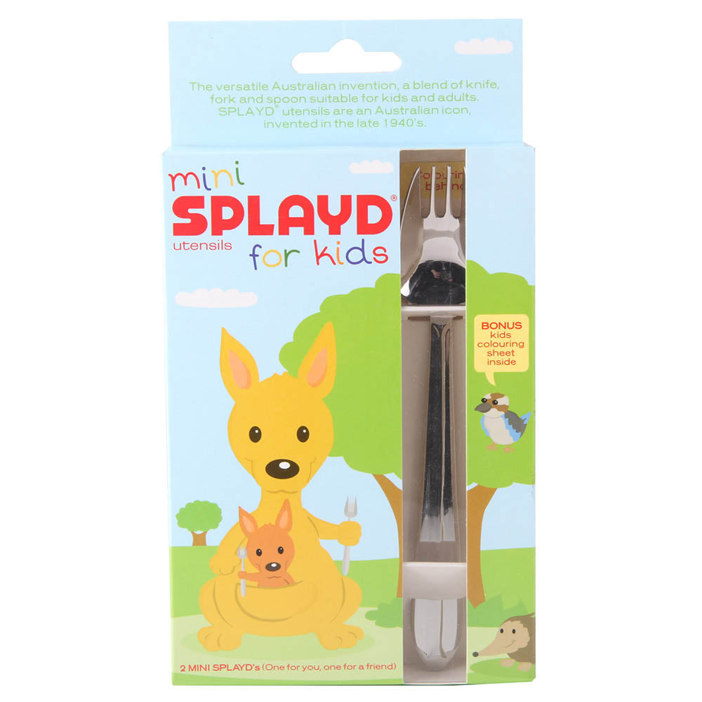 Splayd Kids Stainless Steel Mini Cutlery Set in a Kangaroo Design Box at Robins Kitchen