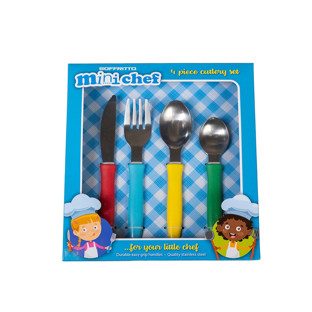 Soffritto Mini Chef 4 Piece Stainless Steel Children's Cutlery Set at Robins Kitchen