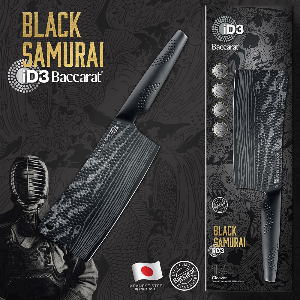 Baccarat ID3 Black Samurai Cleaver Knife 17cm with Mushroom & Noodles at Robins Kitchen