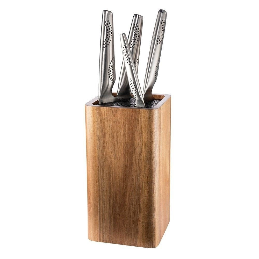 Universal Square Acacia Knife Holder Wooden Knife Storage with Assorted Knives at Robins Kitchen