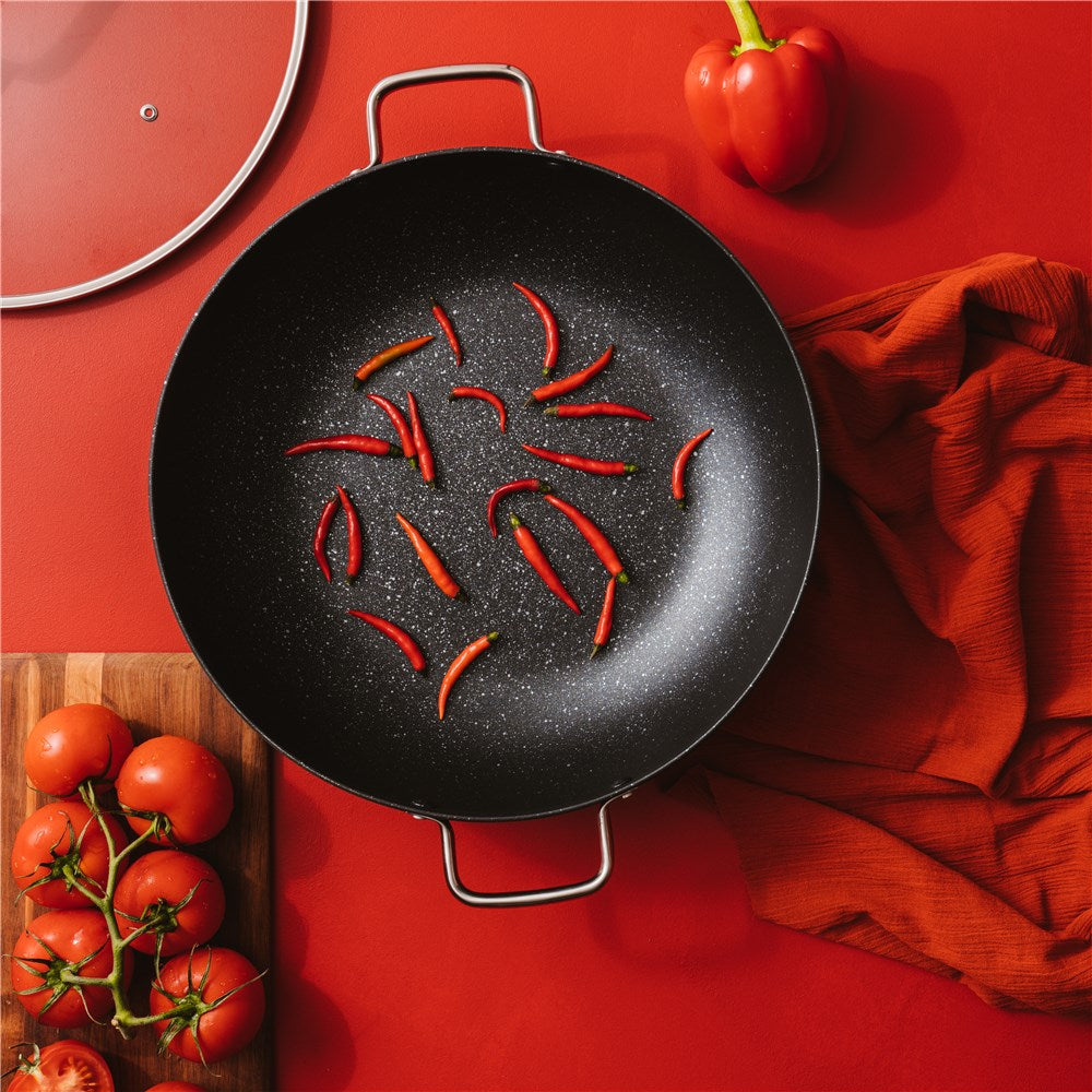 Baccarat Ultimo NonStick Wok with Lid 36cm with Chili, Capsicum & Tomatoes at Robins Kitchen