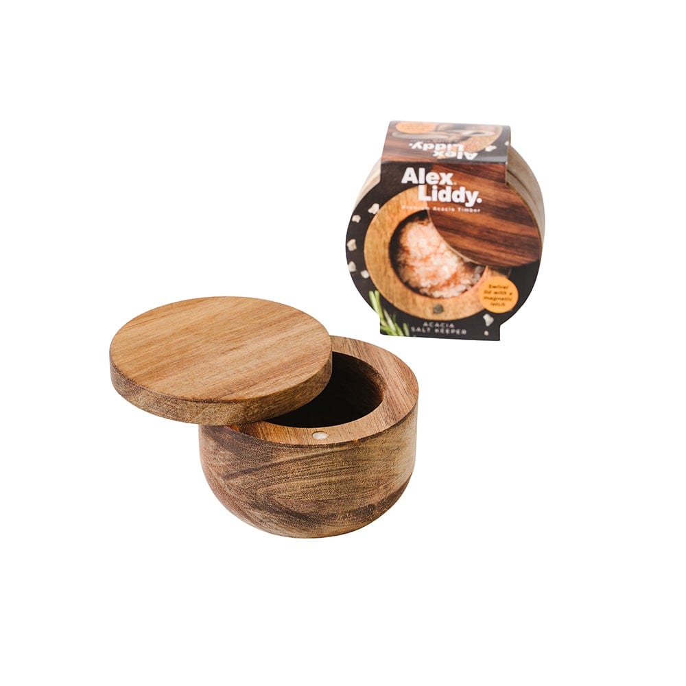 Alex Liddy Acacia Salt Keeper Swivel Cover with Box at Robins Kitchen